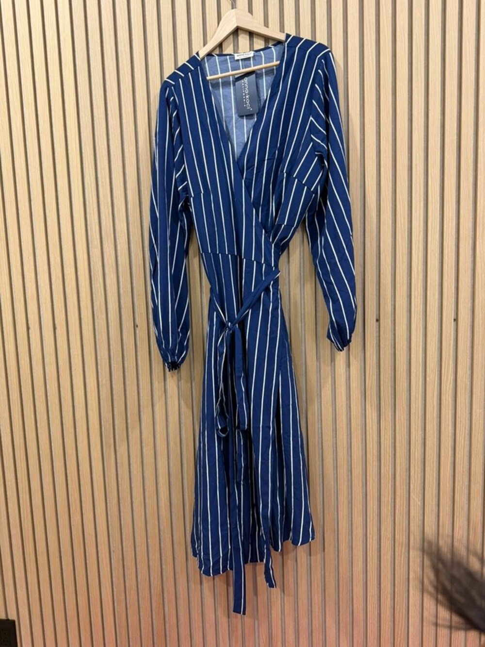Anna-Kaci Navy & White Vertical Stripe Long-Sleeve Wrap Dress